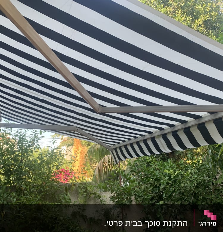 סוכך פסים שחור לבן בגינה ירוקה